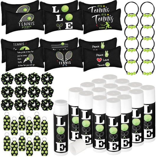 Dansib 60 Pcs Tennis Lover Gifts Set Tennis Party Supplies Include 12 Makeup Bag, Hair Scrunchies, Charm Bracelets, Lipstick and Lipstick Holder Keychain for Female Athletes