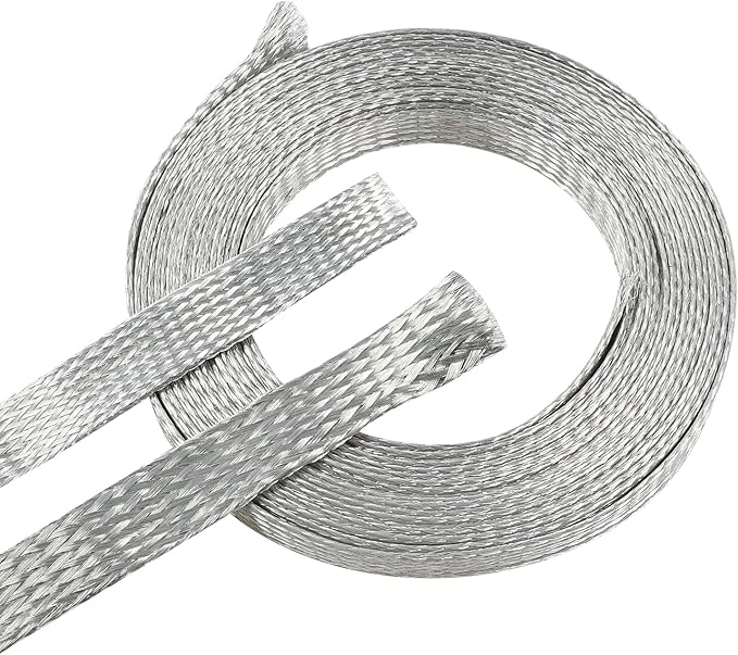 BuyUneed Tinned Copper Metal Braid Sleeving Wire Shielding Sleeve Braided Copper Ground Straps EMI/RFI Interference Expandable Flat Mesh Shielding Cable for Protect Wire (1/2inch-22ft)