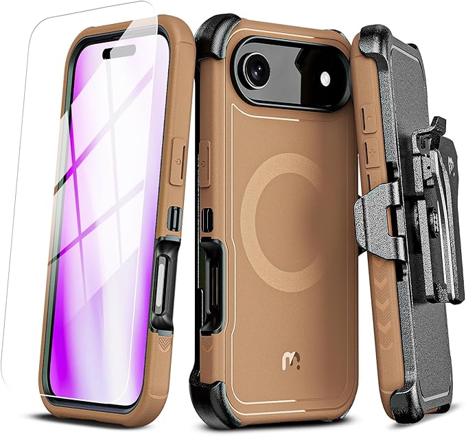 M MYBAT PRO for iPhone Air Case with Belt Clip Holster,[Compatible with Magsafe] w/Screen Protector,Anti-Drop,Shockproof,w 360°Rotating Kickstand,Heavy Duty Protection (Blue) (Brown)