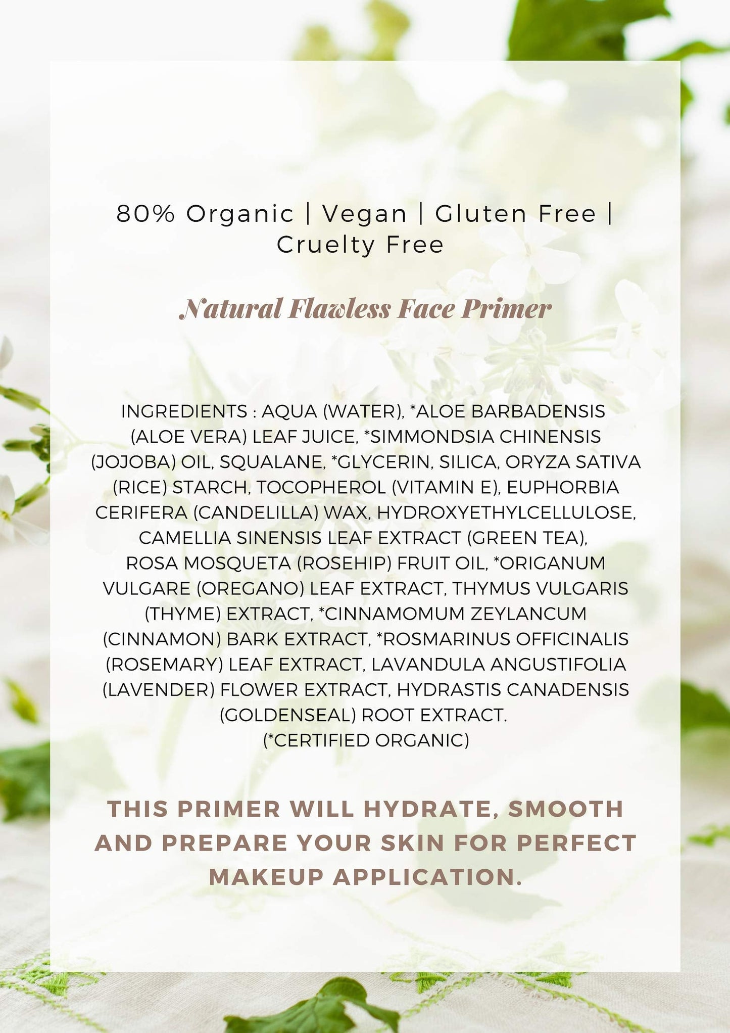 Mom's Secret Natural Flawless Face Makeup Primer, Organic, Vegan, Gluten Free, Non GMO, For All Skin Types, Paraben Free, Cruelty Free, Made in the USA, 1oz