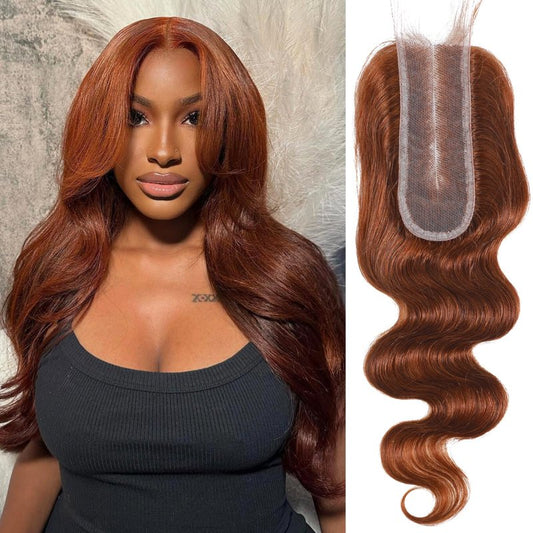 ALHER 33 Reddish Brown Body Wave Long Deep Part 2x6 Lace Closure, Copper Brown Colored 2x6 Kim K Closure Pre Plucked with Baby Hair, 12A 100% Brazilian Virgin Remy Human Hair for Black Women 14 Inch