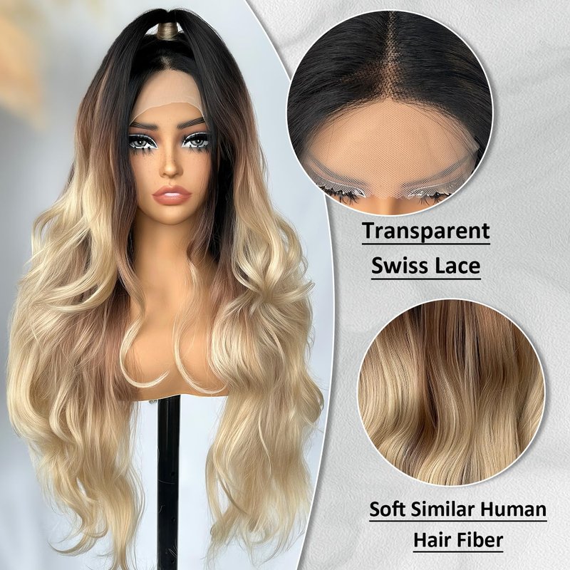 SOKU Lace Front Wavy Wigs for Women 30 Inch Ombre Blonde Body Wave Synthetic Hair Triple Tones T Part Transparent Swiss Lace Front Wig for Women