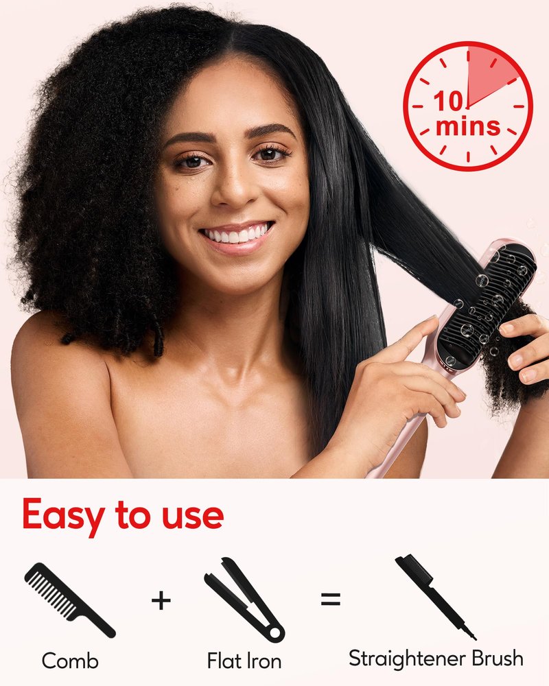 Terviiix Hair Straightener Brush Rose Gold - Ionic Anti-Frizz Hair Straightening Comb with MCH Heater, 13 Heat Settings, Fast Heating 20S, Dual Voltage, for Smooth & Shiny Hair