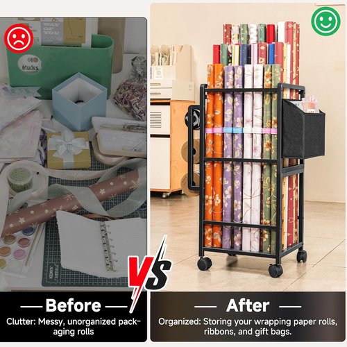 Aquzee Gift Wrapping Paper Organizer - Vertical Storage Cart with 9 Adjustable Rods & 12 PCS Slap Bands - Black