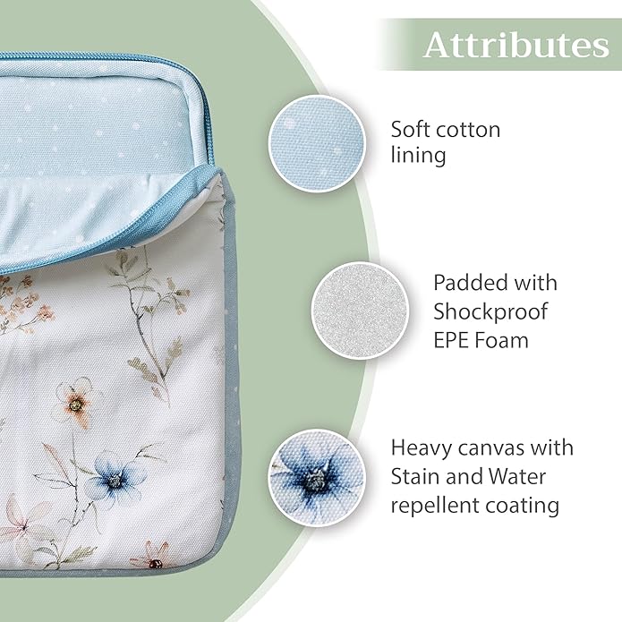 Maison d'Hermine Laptop Bag with Pocket Upto 13.5 inch Stain and Water Repellent Cotton Canvas Spring Summer (Ice Florals)