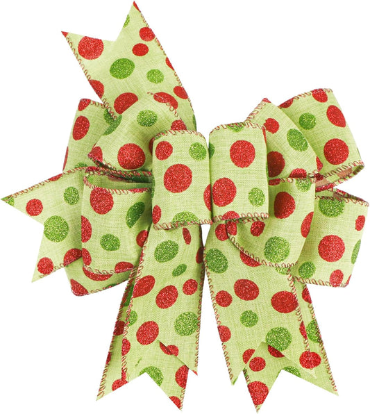 SIMISI Ribbon Christmas Bow - Rustic Burlap with Green & Red Dots for Wreaths & Holiday Decor | 9.5 x 13 Inch