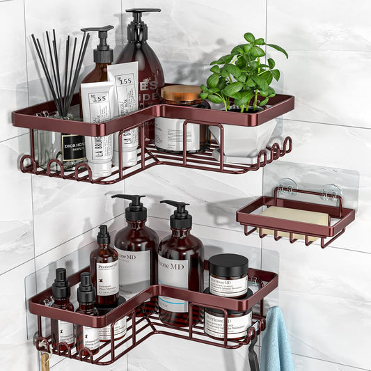 YASONIC Corner Shower Caddy - 3-Pack Adhesive Organizer with Soap Holder & 12 Hooks | Rustproof Stainless Steel, Bronze