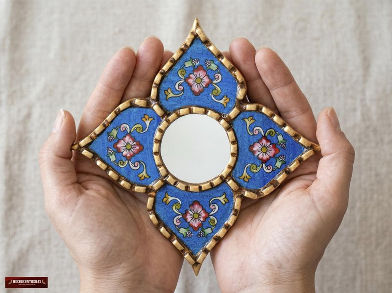 DecorContreras Peruvian Painted Glass Mirror with Bronze Leaf Framed - Handmade Diamond Mirror 6in for Gallery wall (Blue)