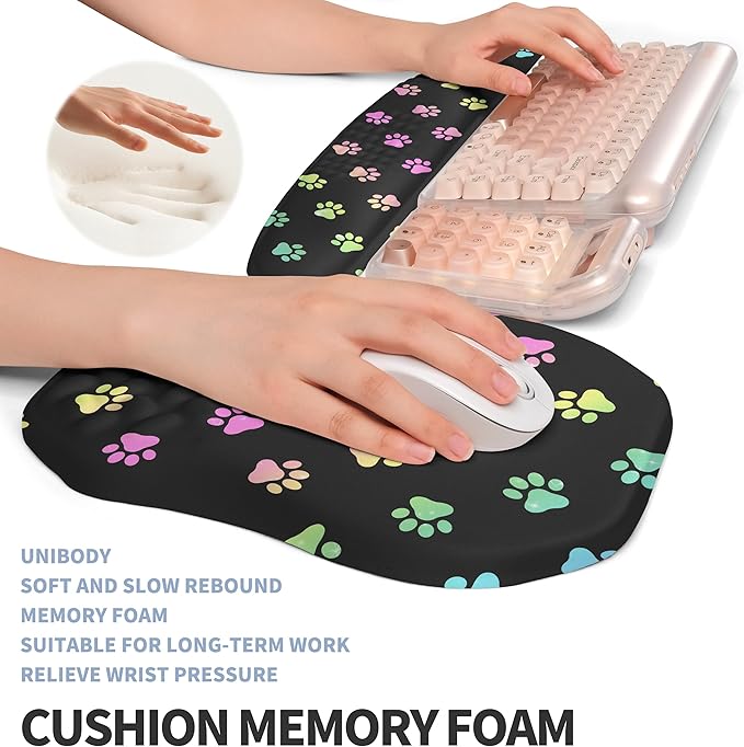 Gleamtide 2-in-1 Ergonomic Set, Wave Keyboard Wrist Rest and Massage Slope Mouse Pad Wrist Support, Rebound Memory Foam for Relieve Carpal Tunnel Syndrome and Wrist Pain (Cute Cat Claws)