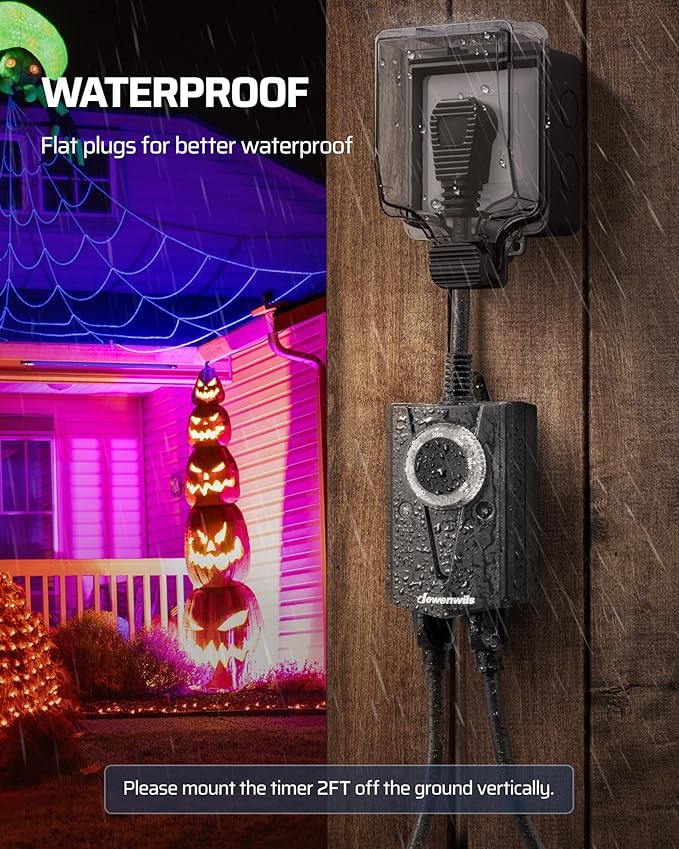 DEWENWILS Light Timer Outdoor Weatherproof, Outdoor Timer for Light, Heavy Duty 2-Prong Grounded Outlet, Dusk to Dawn and 2/4/6/8 Countdown for String Light, UL Listed, Black
