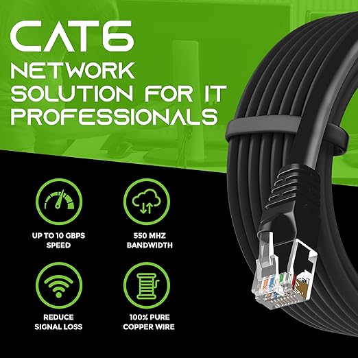 GEARit Cat 6 Patch Cables 0.5 ft Black (100 Pack) - Cat6 Patch Cables 0.5ft Black/Ethernet Patch Cable, 10Gbps 550MHz 24AWG Pure Copper, Snagless, Gold Plated RJ45 for Router, Server, Router, PC