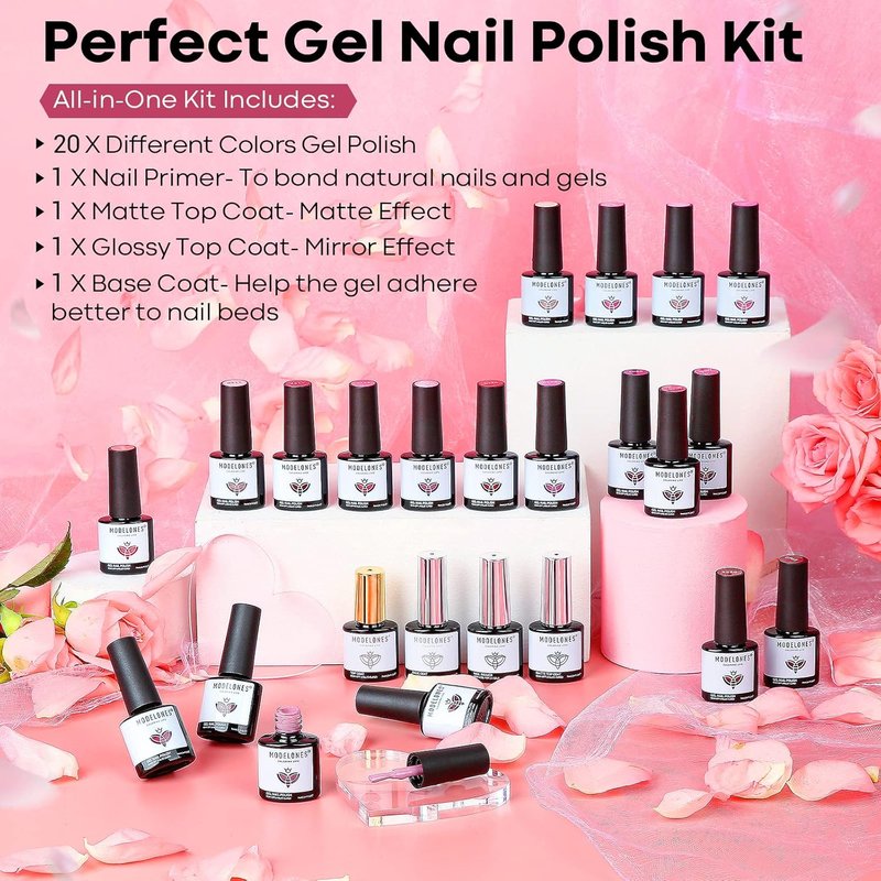 Modelones Gel Nail Polish Kit - 24 Pcs Hot Pink & Red Glitter | Soak Off Gel, Glossy & Matte Top Coat, Nail Art Gifts