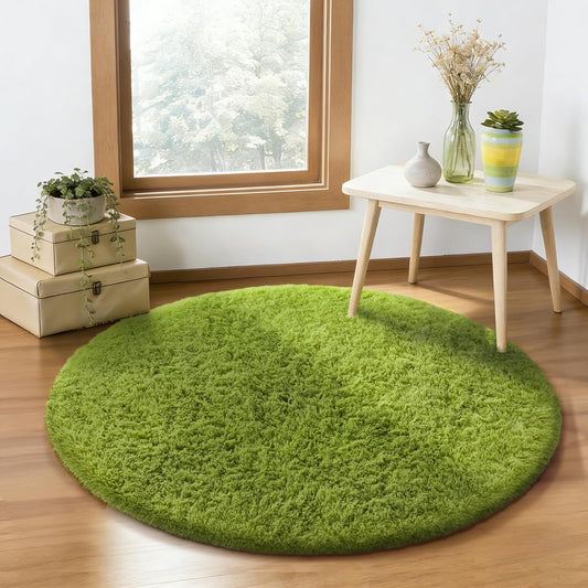 Ophanie Green Round Rug - 4Ft Plush Shaggy Area Rug for Kids' Room Decor | Soft Fluffy Carpet