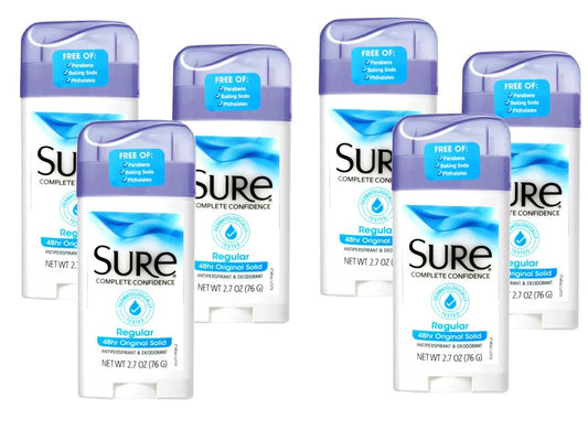 SURE, Antiperspirant Deodorant, Solid, Regular, 2.6 oz., (6 Pack)