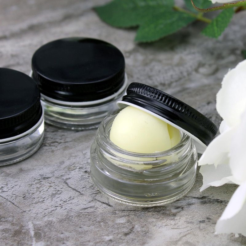Cornucopia Brands 7-Milliliter Glass Lip Balm Jars (24-Pack).25-Ounce Thick-Walled Containers (7ml Clear with Black Metal Lids)