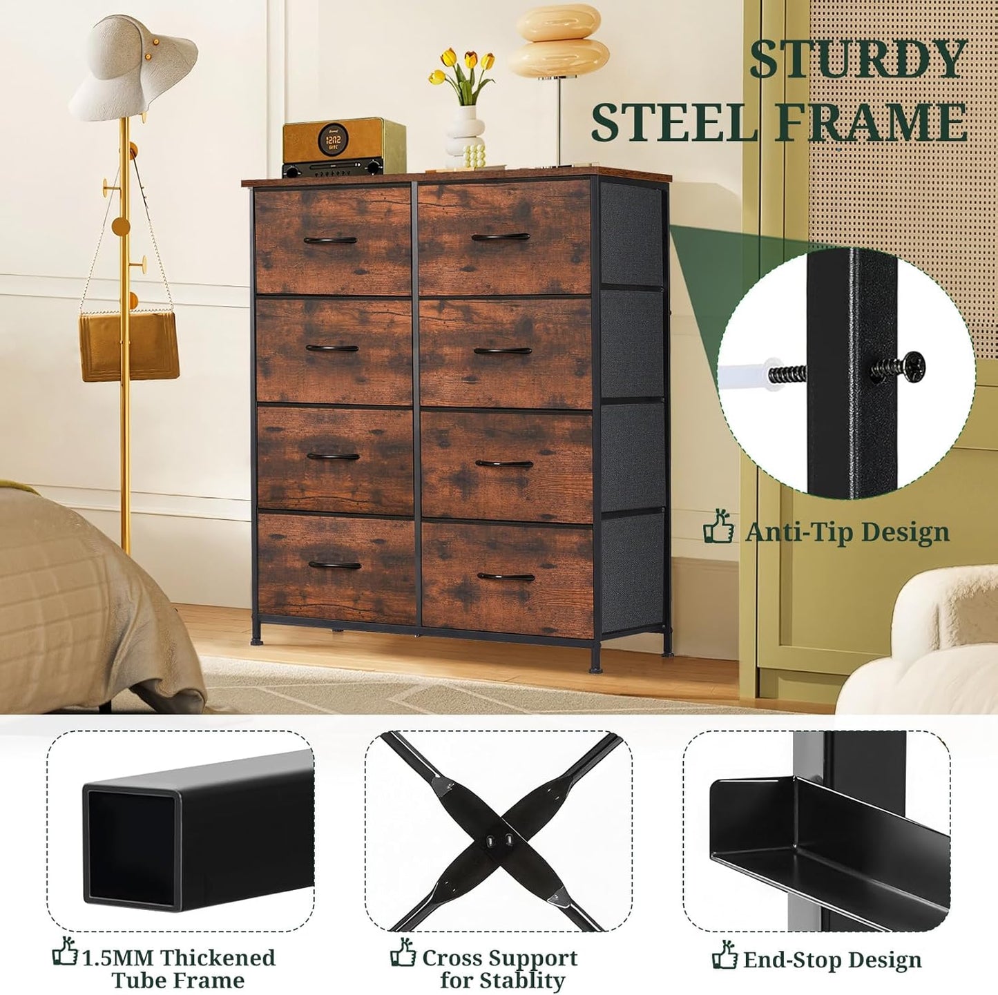 Skiennix 8-Drawer Dresser - Anti-Tip Tall Storage Organizer with Wooden Top & Metal Frame | Brown