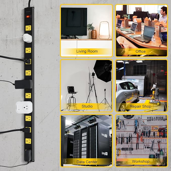 SURAIELEC 12 Outlet Metal Power Strip Surge Protector, 15 FT Heavy Duty Extension Cord, Wide-Spaced Outlets, Flat Plug, 15A Circuit Breaker, Wall Mount Power Bar for Workshop, Garage, Workbench, Shop