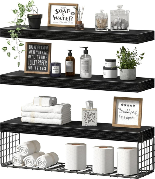 QEEIG Floating Bathroom Shelves - 24-Inch Wall Storage Solution for Toilet Paper | Set of 3, Black