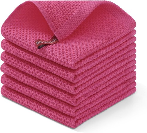 Homaxy Kitchen Dish Cloths - Ultra Soft 100% Cotton Waffle Weave, Quick Drying, 12x12 Inches, 6-Pack, Hot Pink