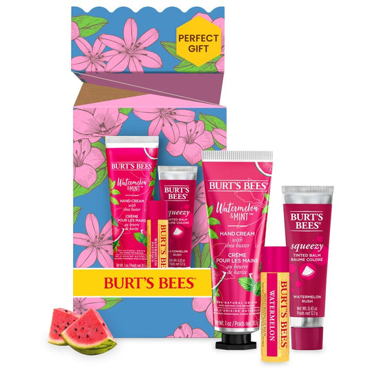 Burt's Bees Mothers Day Gifts for Mom, 3 Self Care Products, You're One in a Melon - Watermelon & Mint Hand Cream, Watermelon Lip Balm & Rush Squeezy Tinted Lip Balm (Packaging May Vary)