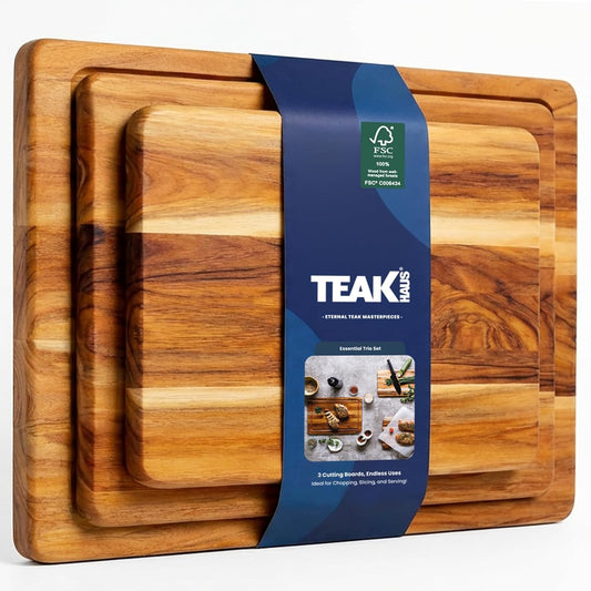 Teakhaus Teak Wood Cutting Board Set | 3 Sizes - Reversible, Knife-Friendly & FSC Certified - Perfect Holiday Gift