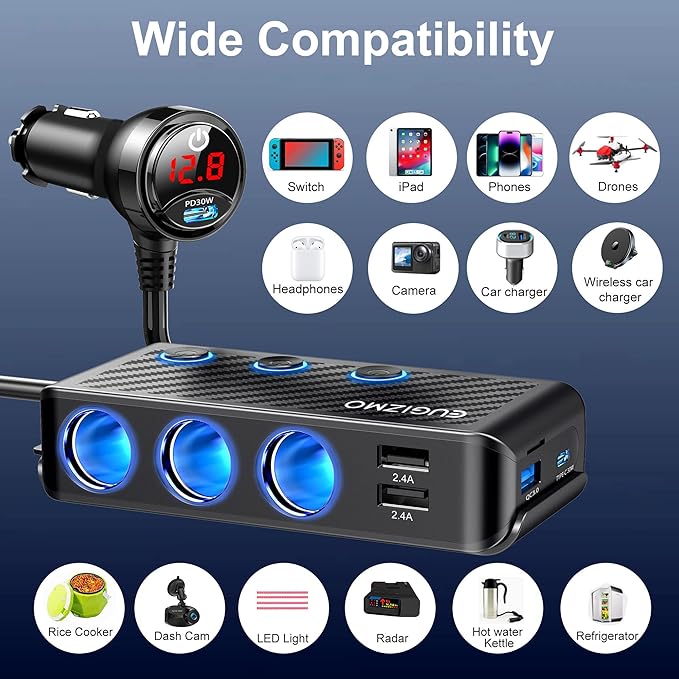 EUGIZMO Cigarette Lighter Adapter, 222W 3 Socket Car Cigarette Lighter Plug USB Charger Multi Port 12V Car Plug Outlet Splitter with LED Voltage Display Independent Switches