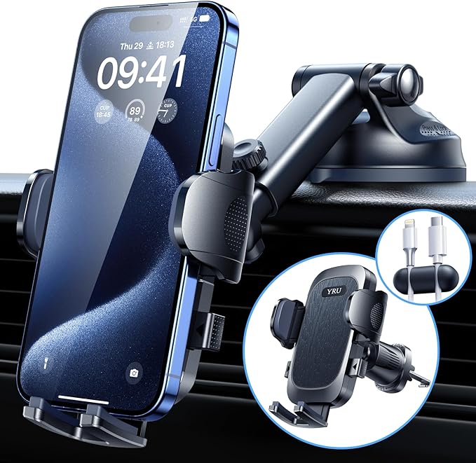 YRU True Military-Grade [360° Rotation Suction] 2026 Ultimate Car Phone Holder Mount 【90+LBS Safest Strongest & Patent Certs】 Dashboard Windshield Vent for iPhone 17 16 Pro Max Samsung, Jet Black