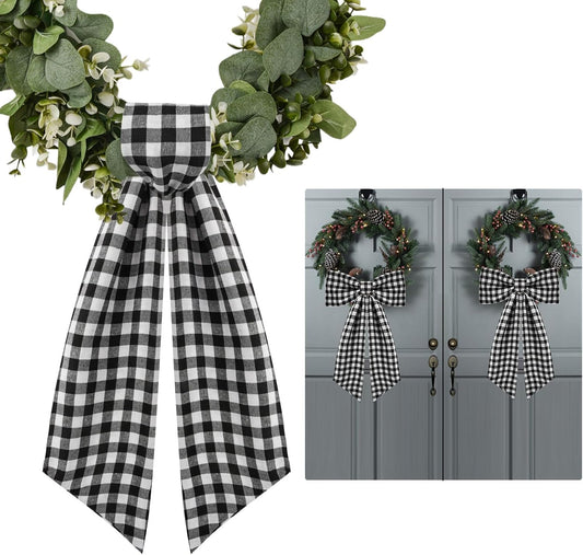 Skiennix 2 Pack Wreath Sash - Stylish Boxwood Garland Decor for Front Door | White & Black Plaid