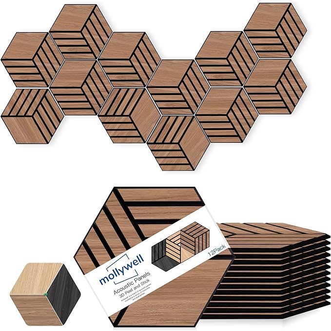 Mollywell Acoustic Panels, PVC Wood-Grain, 14x12 Inch Hexagon Carved Sound Proof Wall Tiles, Self-Adhesive High Density Felt for Home Theater/Studio/Office Echo Reduction, 12 Pack Walnut, TW4