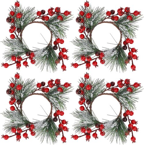 Christmas Candle Rings - Decorative Wreath Garland for 3" Dia Pillar Candles | Artificial Red Berries