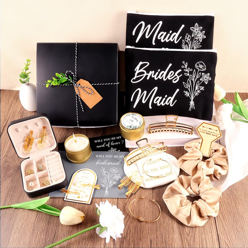 CITYCHALET 49Pcs Bridesmaid Gifts Set of 4 Black,Maid of Honor Proposal Gift Boxes Set,Cosmetic Bag Scented Candle Jewelry Box Metal Hair Clip Knot Bracelet Bachelorette Party Bridal Shower