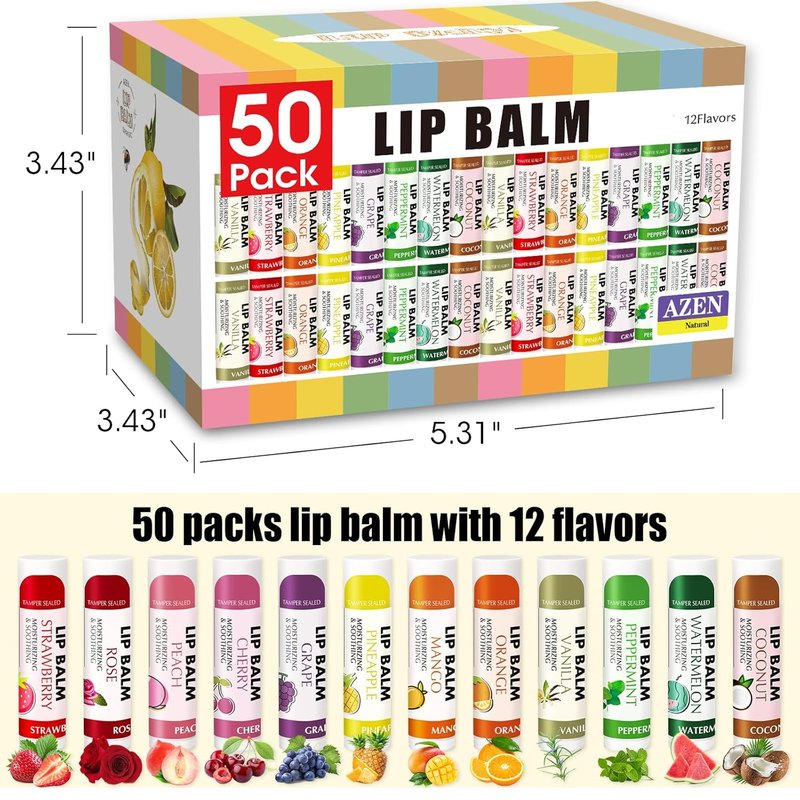 Moisturizing Lip Balm Bulk - 50 Pack for Dry Cracked Lips | 12 Flavors, Perfect for Gifts