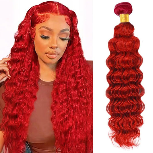 Red Human Hair Bundles Deep Wave 26 Inch Deep Single Bundle Human Hair Light Red Color Unprocessed Native Virgin Hair 100g Total Double Weft Crochet Human Hair Extensions for Women