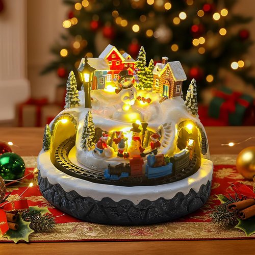 Christmas Village Decoration - Spinning Train & Snowman, Musical Collectible Buildings with LED Lights & Timer Function