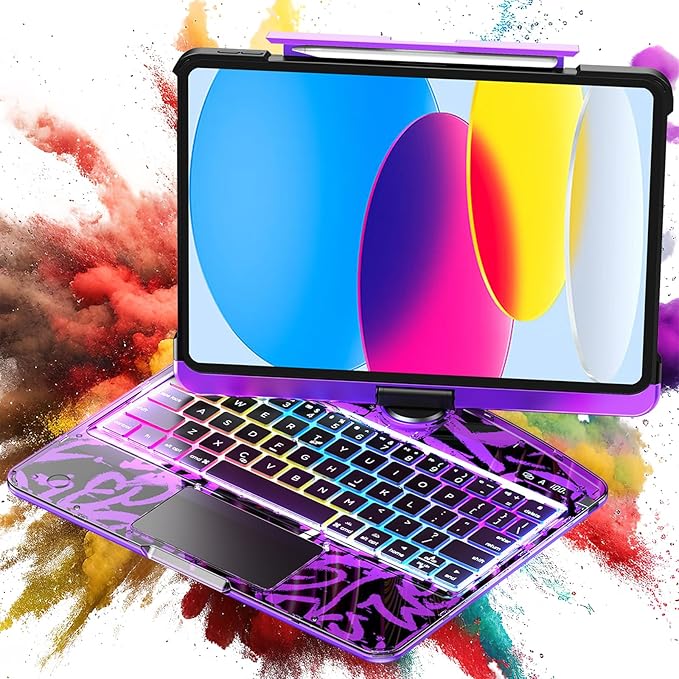 TSQQST Clear Wireless Keyboard Case for iPad (A16) 11th Generation 11-inch 2025/ iPad 10th Generation 10.9-inch 2022 with Pencil Holder & Multi-Touch Trackpad, 7-Color Backlit, 360 Rotatable, Purple