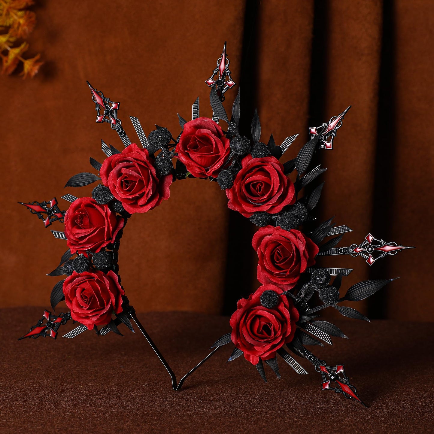 COSUCOS Black Red Rose Headband - Zip Tie Cross Spiked Halo Crown Renfaire Fantasy Floral Headpiece Sunburst Evil Gothic Headband for Women Renaissance Cosplay Costume Halloween Party