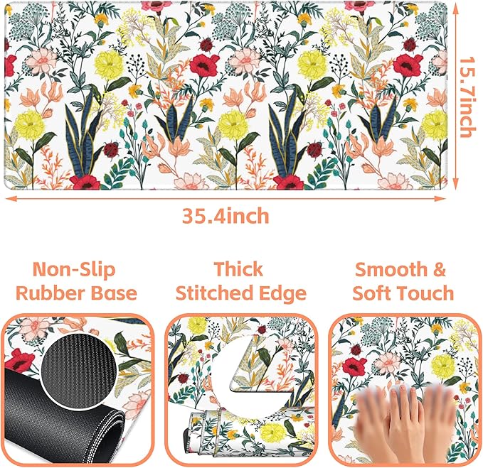 NIYLYNSYN Mouse Pad Large Summer Flower Non-Slip Gaming Desk Mat with Stitched Edge Laptop Keyboard Desk Pad for Work Home Gaming (35.4 x 15.7 Inches)