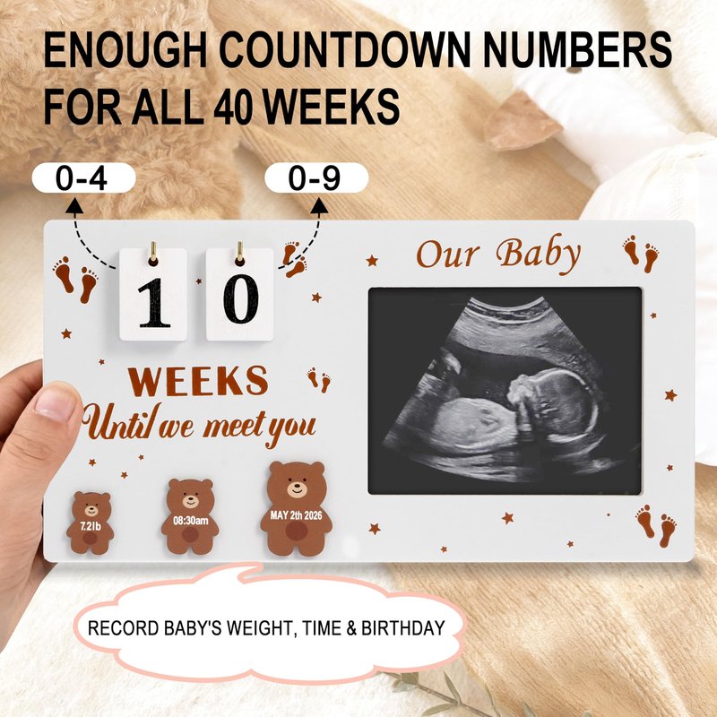 DACO MIN Baby Sonogram Picture Frame with Countdown Weeks, 4"x3" Ultrasound Photo Frame with Inkless Handprint Kit, Bear Pregnancy Announcement Gift for Expecting Mom Dad, Grandparents Reveal (Brown)