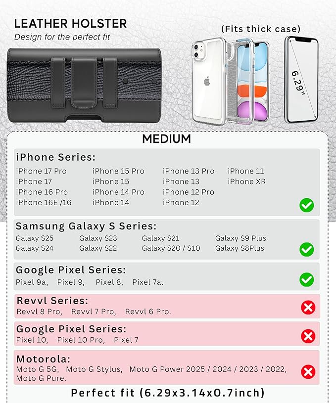 Wireless City Leather Phone Holster for iPhone 17/17 Pro 16/16 Pro/16e 15/15 Pro 14/14 Pro 13/13 Pro 12/12 Pro 11 XR Horizontal Belt Clip & Loop Phone Pouch Magnetic Closure Phone Holder for Men Black