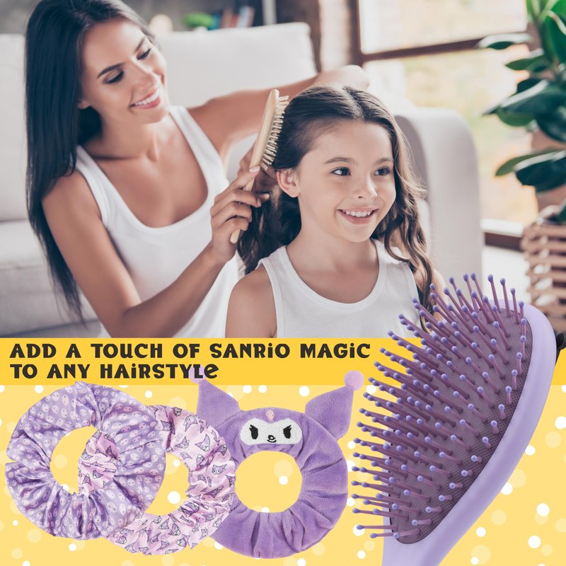 Hello Kitty Sanrio Hair Brush & Scrunchies Set, Kawaii Kuromi, Cinnamoroll Cute Stuff, Detangler Brush, Gifts for Women, Wife, Girlfriend, Girls, Teens (Kuromi Brush & Scrunchies)