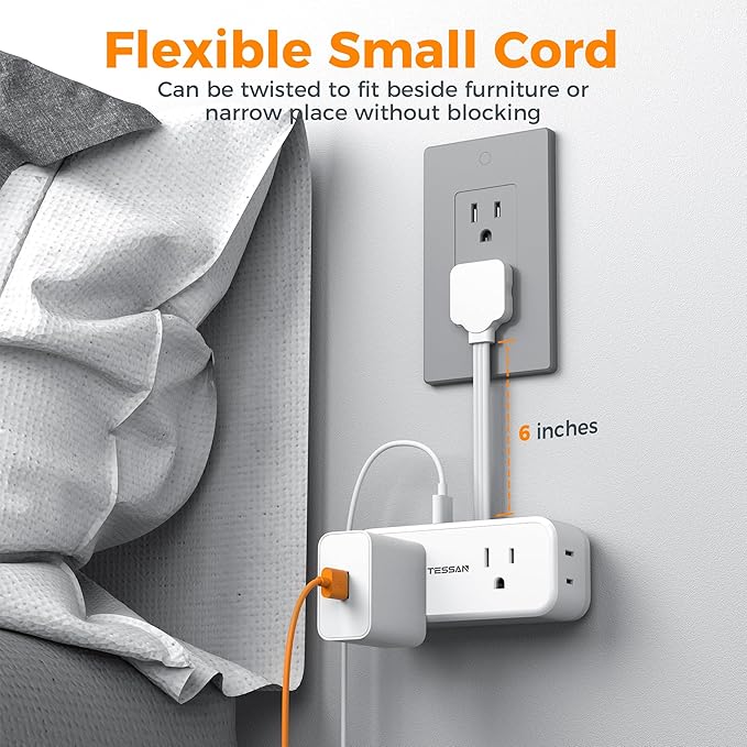 TESSAN Short Extension Cord 0.5Ft, Flat Plug Outlet Extender Surge Protector with 4 Widely AC with 3 USB Ports (1 USB C), Multi Plug Small Power Strip for Travel, Home, College Dorm Essentials, White