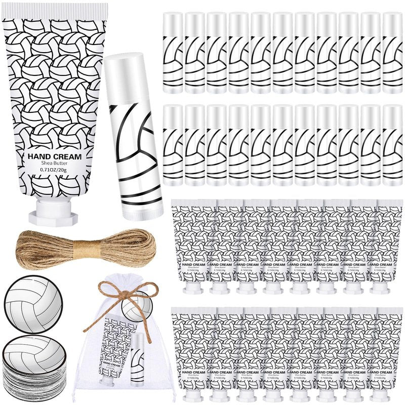 Heigble 144 Pcs Lip Balm Hand Cream Set Party Favors, Include 36 Lip Balm 36 Moisturizing Hand Cream 36 Bags 36 Cards and Ropes for Accessories Gifts(Black and White,Volleyball)