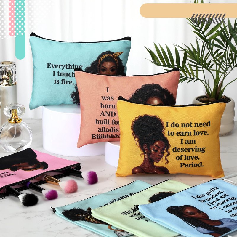 Silkfly 24 Pcs African American Gifts Black History Month Black Girl Women Makeup Cosmetic Bag Afro Queen Inspirational Canvas Toiletry Travel Organizer Purse African American Party Favor