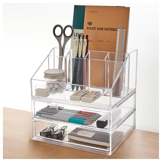 STORi Stackable Desk and Drawer Organizer, Clear Pen Pencil Makeup Brush Holder for Desktops and Vanities, 6 Compartment Caddy with 2 Wide Drawers (Made in USA)