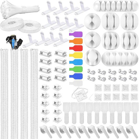 Ditar 193 PCS Cable Management Kit - 4 Cable Sleeve, 57 Self Adhesive Cable Clips, 12 Hanging Strips, 12 Cable Organizer Straps and 100 Fastening Cable Ties for TV Computer Under Desk (White)