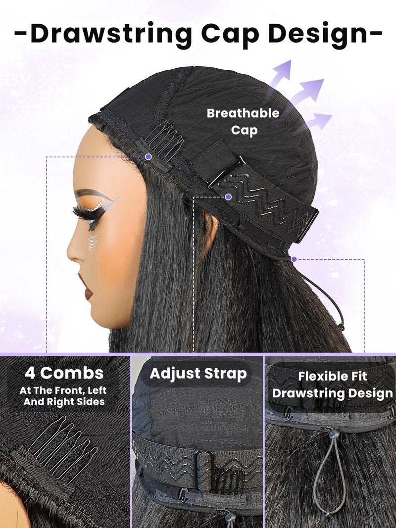 catti 3 In 1 Half Wig Kinky Straight Synthetic Hair Comfortable Fit Invisible Hairline Adjustable Drawstring Wigs for Seamless Hair Blending Ready to Go Headband Wig for Women 22 Inch