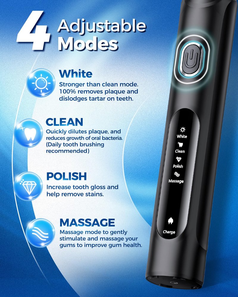 TEETHEORY Rotating Electric Toothbrush for Adults with 8 Brush Heads (2 Types), 4 Modes Deep Clean Electric Toothbrush with Rechargeable Power and 2 Min Smart Timer Black