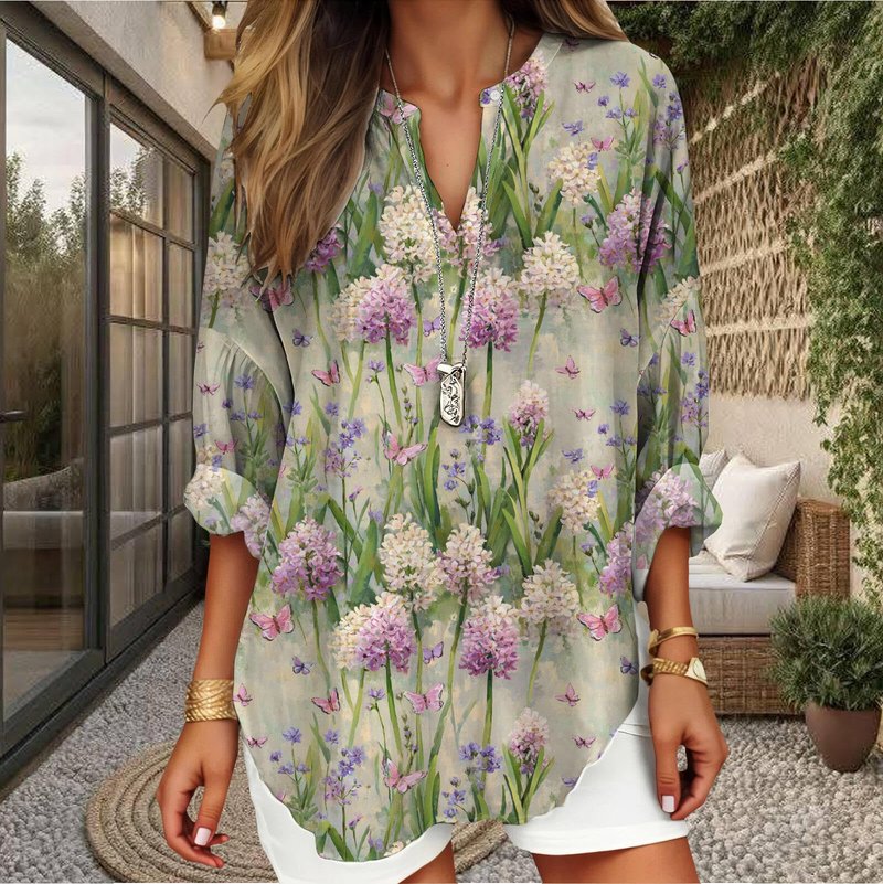 Purple Lavender Shirt for Womens Vintage Long Sleeve Curved Hem V Neck Casual Lightweight Loose Oil Painting Printed Shirts 2025 Trendy Work Tops 2XL