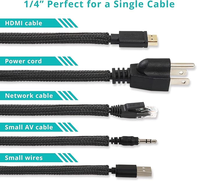 ZhiYo Cable Sleeve, 20ft, 1/4 inch, Black