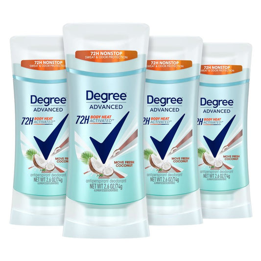 Degree Advanced Antiperspirant Deodorant Move Fresh Coconut 4 Count 72-Hour Sweat & Odor Protection Antiperspirant for Women with MotionSense Technology 2.6 oz